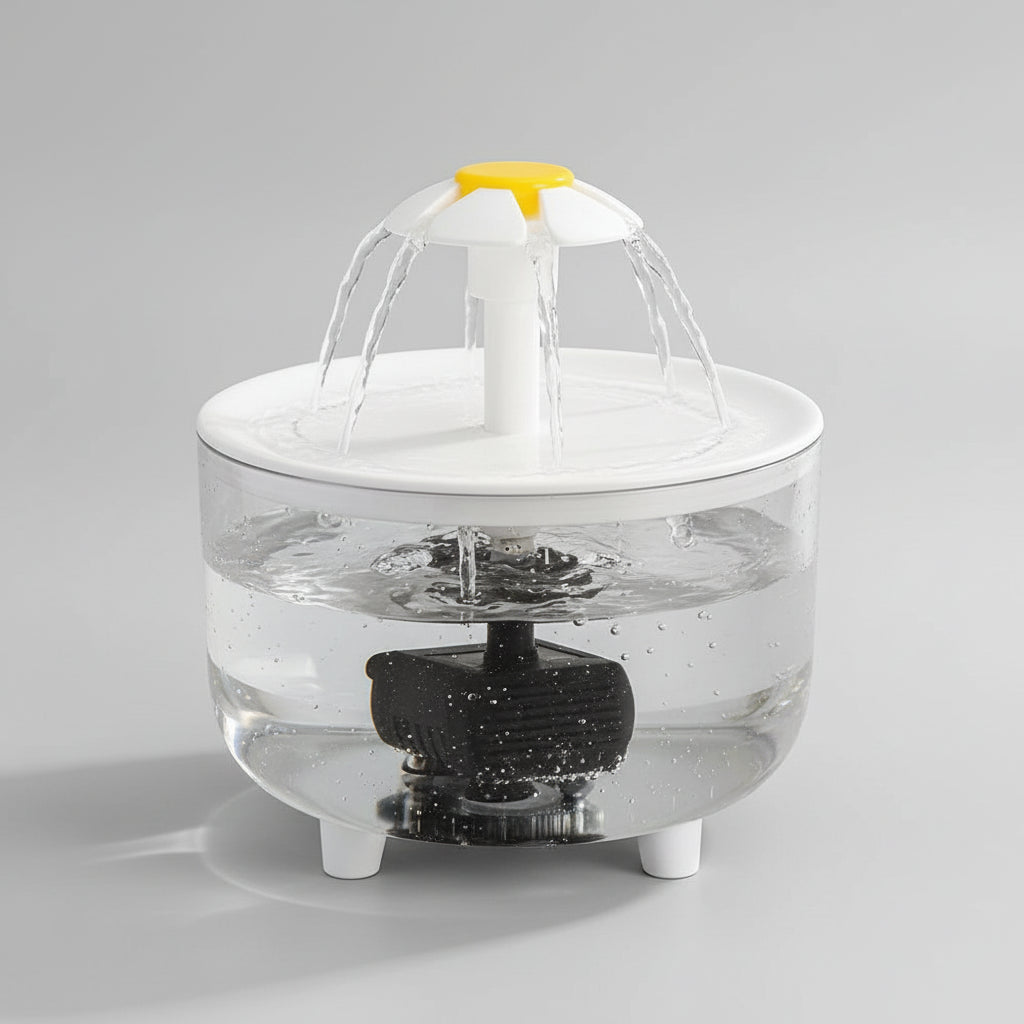 A white automatic pet water dispenser with a 1L capacity, featuring a flowing water fountain design, with a yellow top and black filter.
