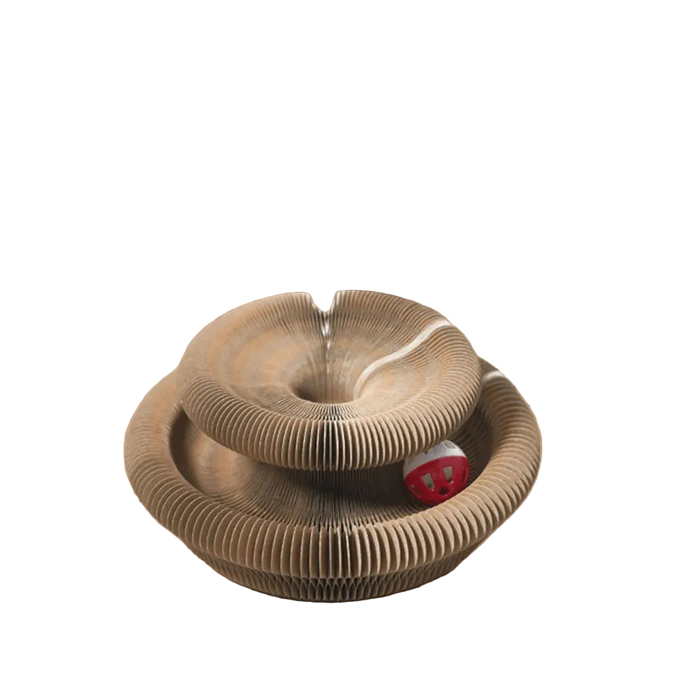 Cat scratch board on white background with a red ball