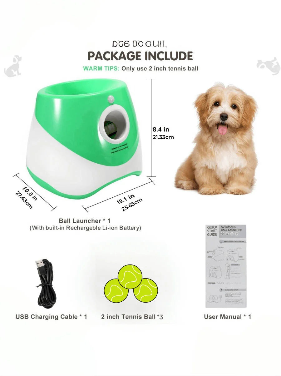 Dog ball launcher with tennis balls and packaging details on a white background

