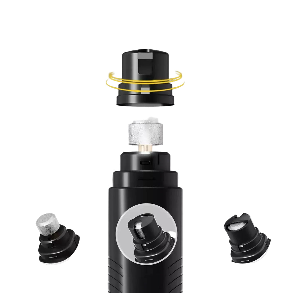 Black electronic device with a clear cylindrical component on a gray background