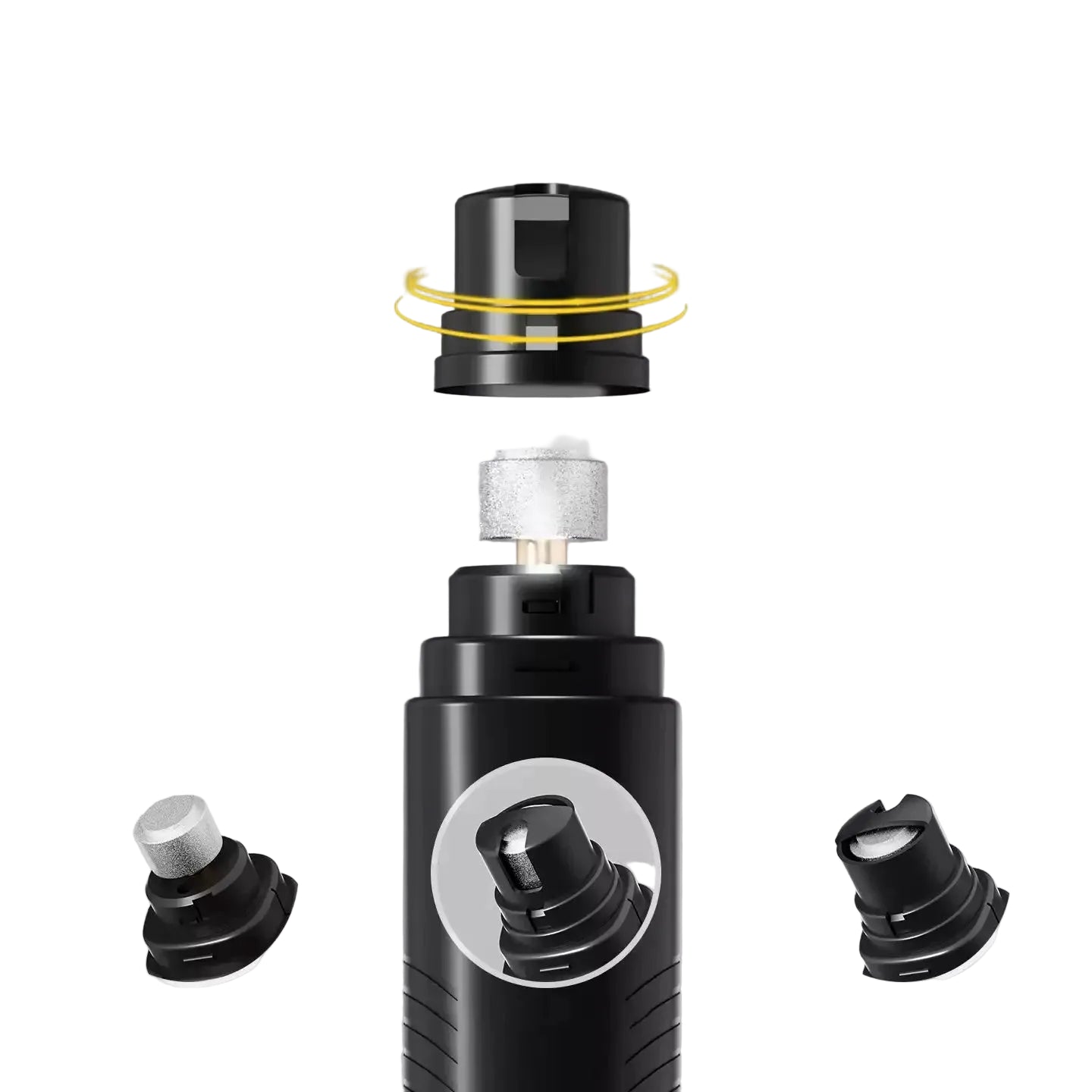 Black electronic device with a clear cylindrical component on a gray background