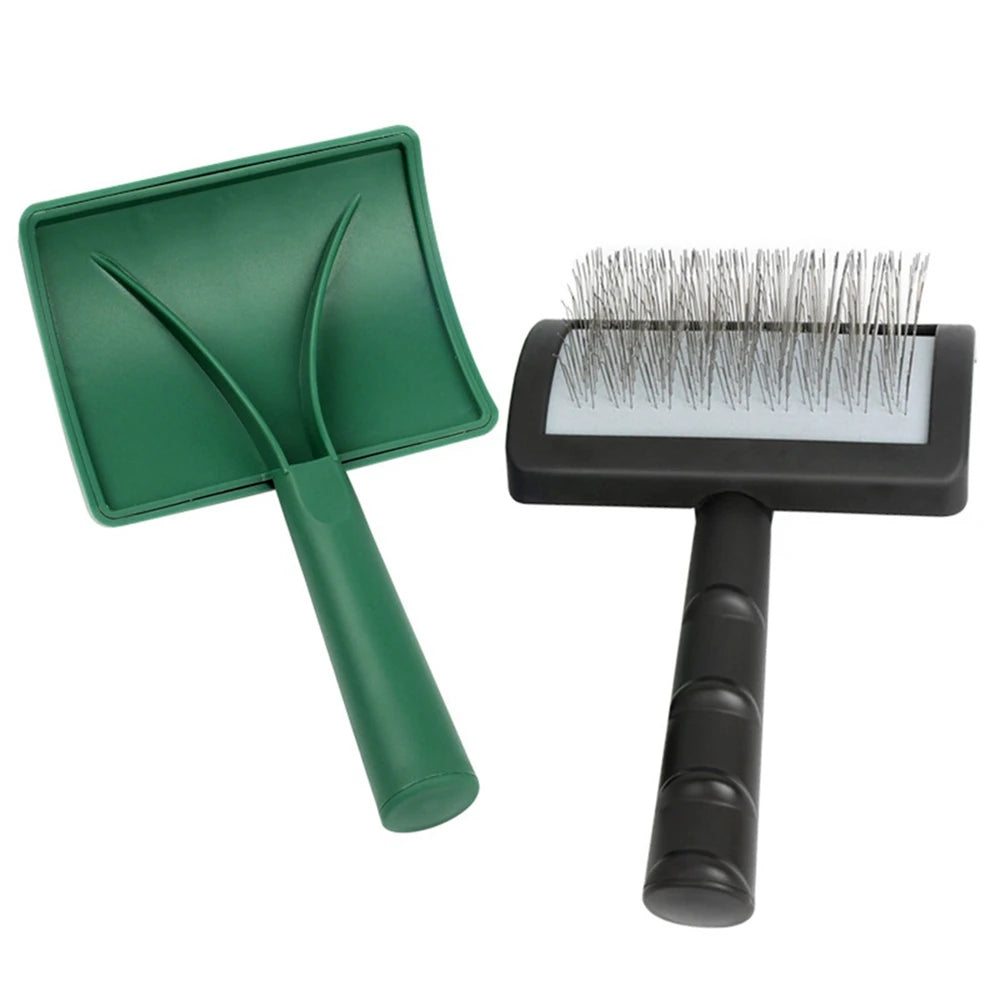 Green pet brush and black pet comb on a white background