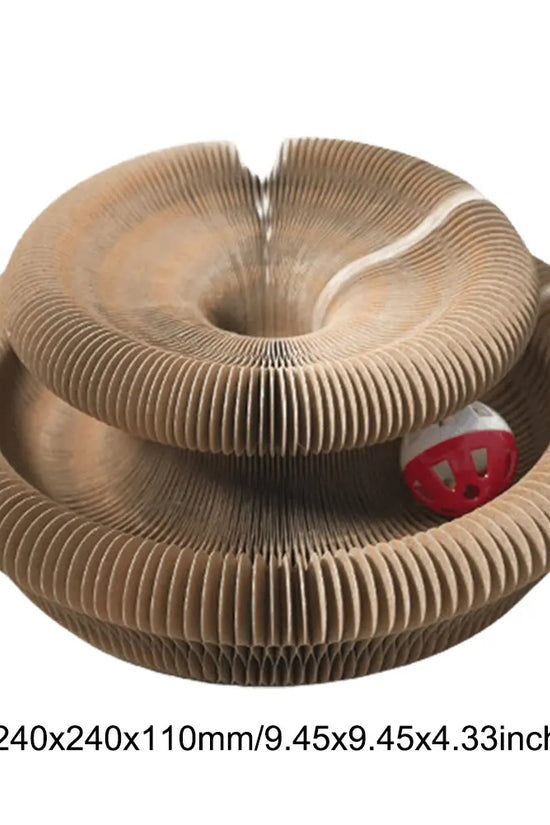 Brown scratching board for cats with red bowl