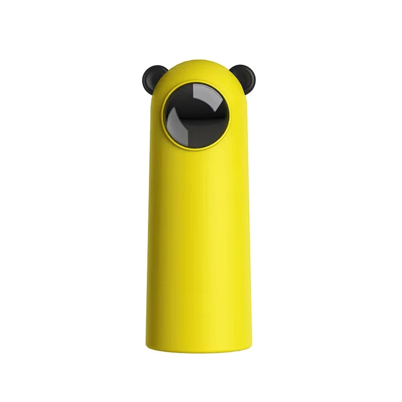 Yellow cylindrical object with black circular top on a white background

