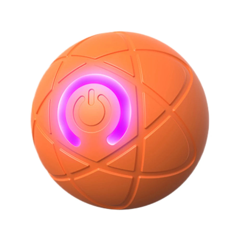 Orange ball with a glowing pink power symbol on a white background

