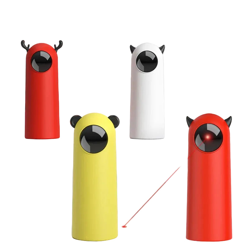 Four cylindrical toys with animal-like faces and black eyes on a white background.


