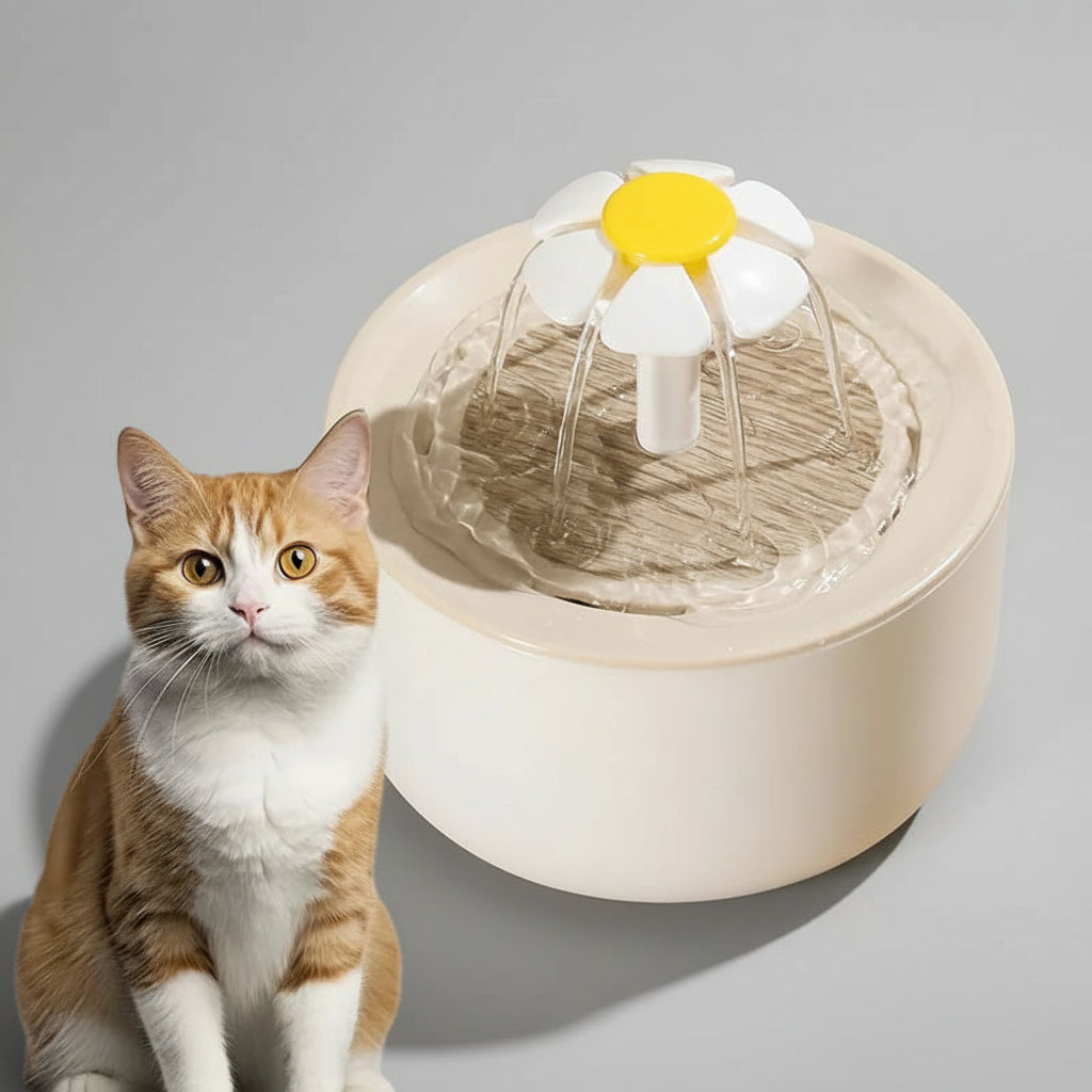 Hydrated cat enjoying filtered water from 1L pet fountain