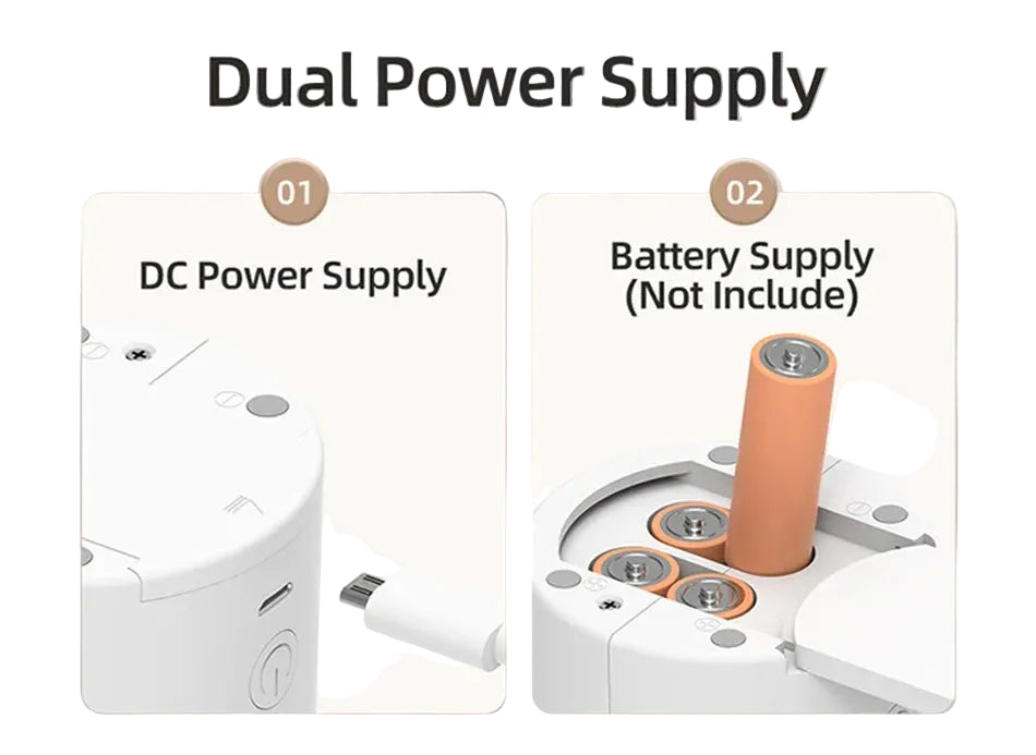Dual power supply system with DC and battery supply options on a gray background

