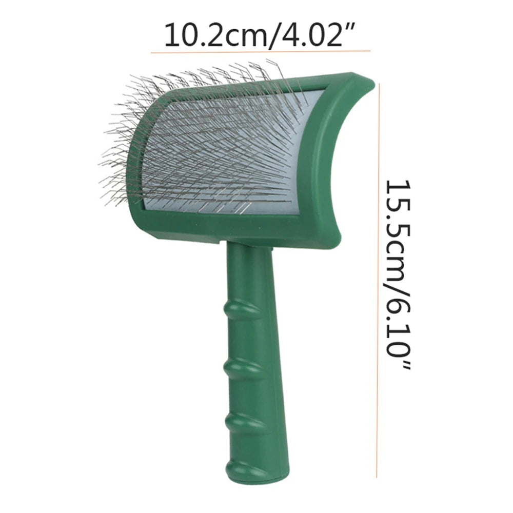 Green pet grooming brush with measurements on a white background

