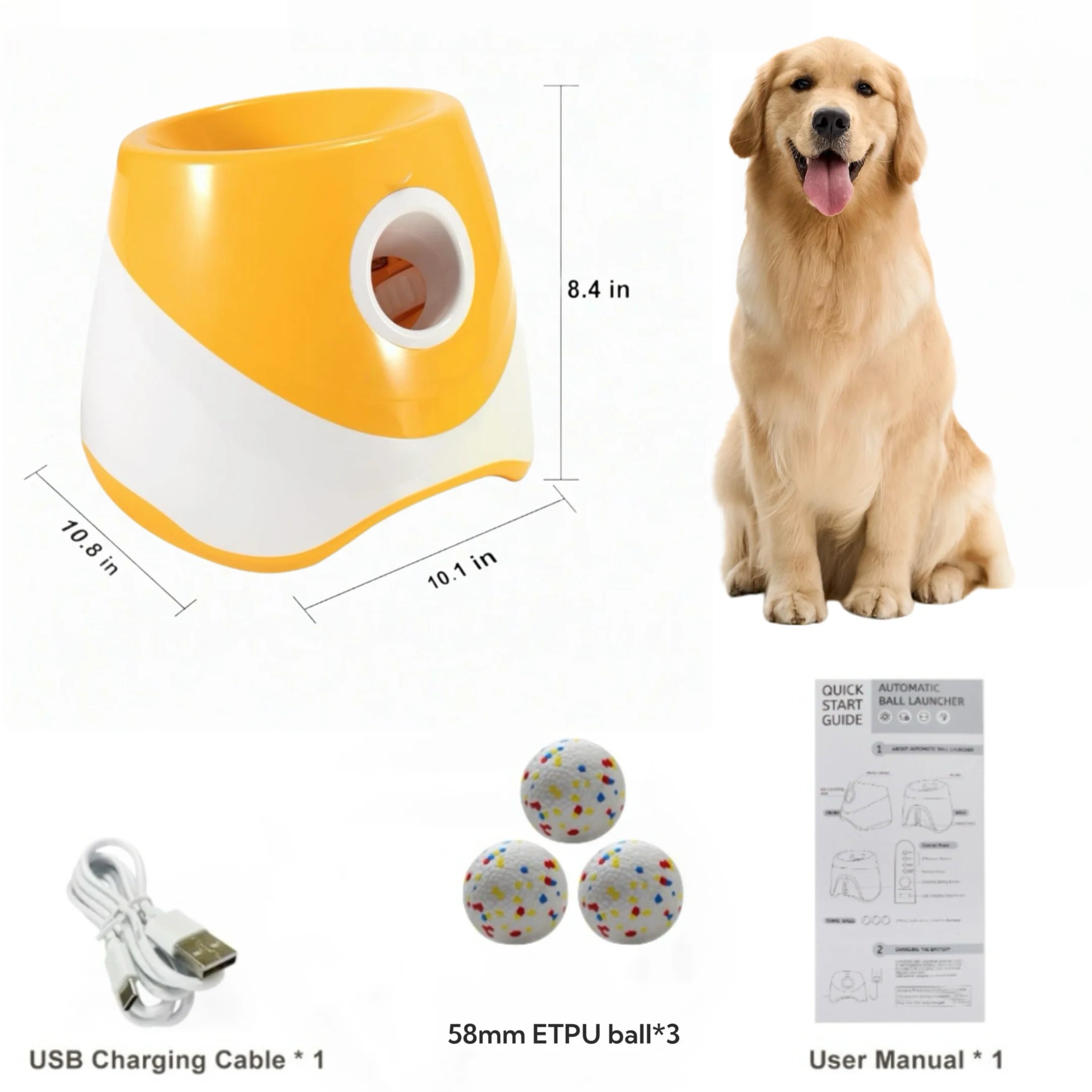 Dog toy set with yellow and white device, USB cable, balls, and user manual on a white background


