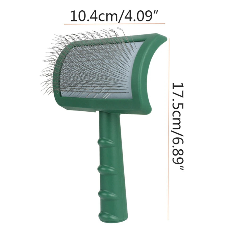 Green pet grooming brush with measurements on a white background

