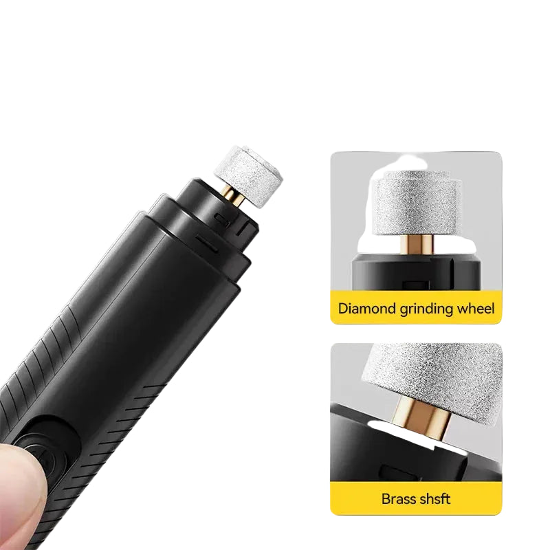 Black diamond grinding tool with a close-up of the diamond grinding wheel on a gray background.

