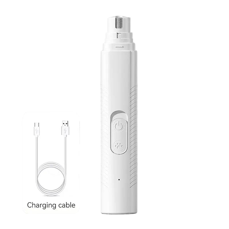 White electronic pet nail grinder device with charging cable on a light gray background

