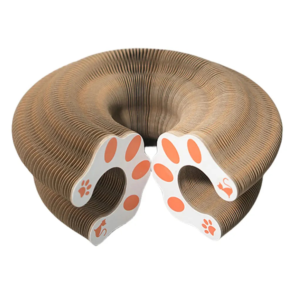 cat scratching board with paw pattern on a white background