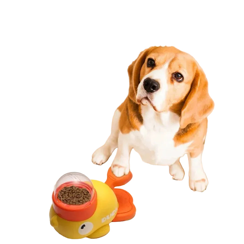 Dog interacting with a toy that dispenses food, with text 'PRESS TO GET FOOD' and 'The satisfaction of dogs getting food'.
