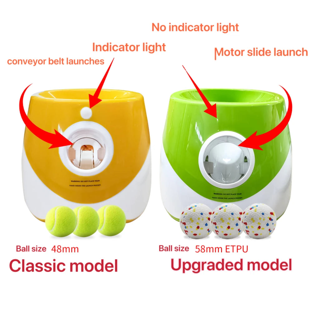 Two models of a ball launcher with labelled features and balls on a white background

